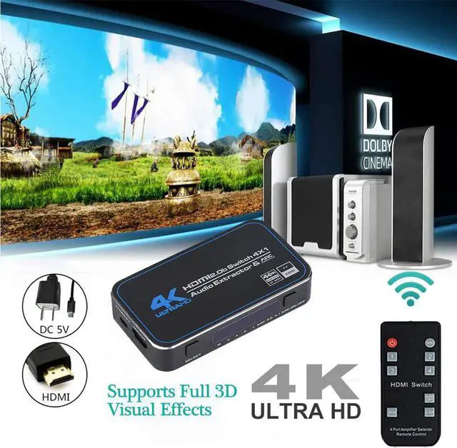 Alt view image 6 of 7 - HDMI 2.0 Switcher 4 in 1 out 4K/60Hz HDMI Splitter Audio Extractor with Optical 3.5mm Stereo Audio Out for XBOX 360 PS4 Smart Box Supports Ultra HD Dolby Vision, 18.5Gbps, HDR10, HDCP 2.2 & 3D - OZQ4