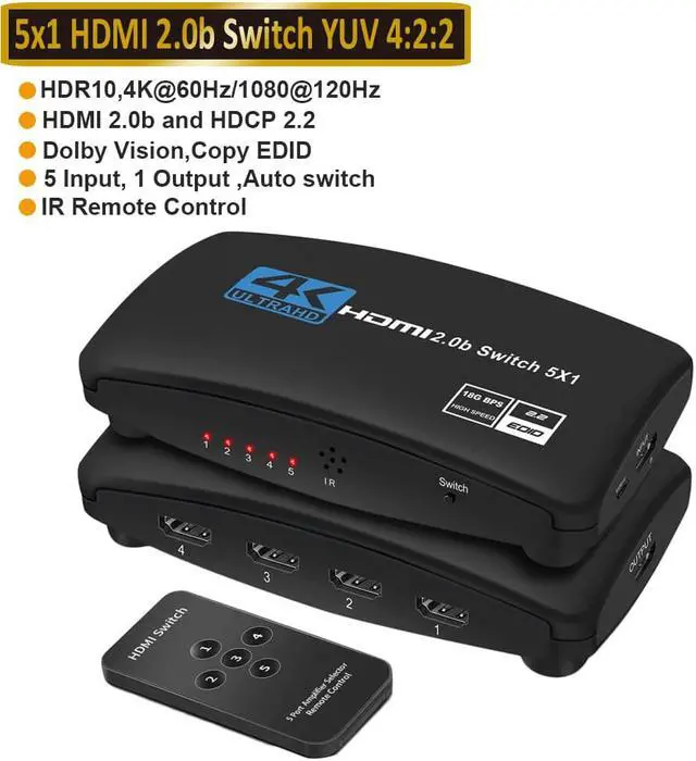 Main image of HDMI 2.0 Switcher 5 in 1 out 4K 60Hz 2K 120Hz Switch Splitter adapter IR Remote For PS5 PS4 Projector Supports Ultra HD Dolby Vision, 18.5Gbps, HDR10, HDCP 2.2 & 3D - OZQ3-5