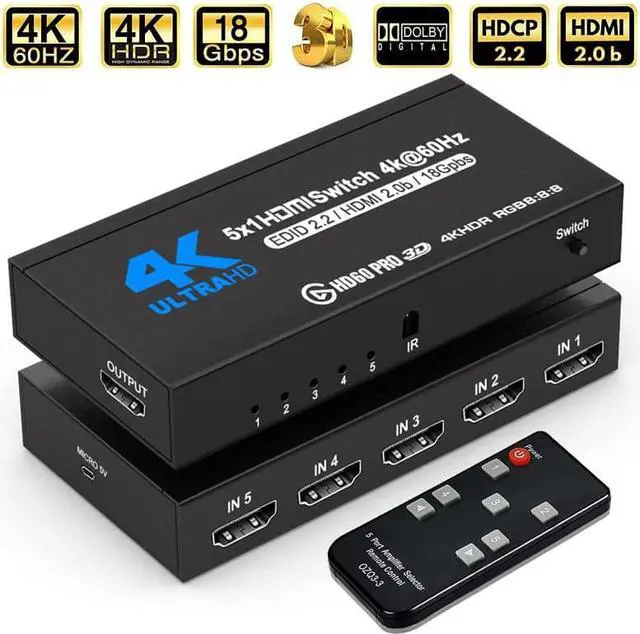 Main image of HDMI Switch 5x1 HDMI Switcher 5 in 1 Out HDMI Switch Selector 5 Port Box with IR Remote Control HDMI 2.0 HDCP 2.2 Support 4K@60Hz Ultra HD 3D 2160P 1080P, OZQ3-4