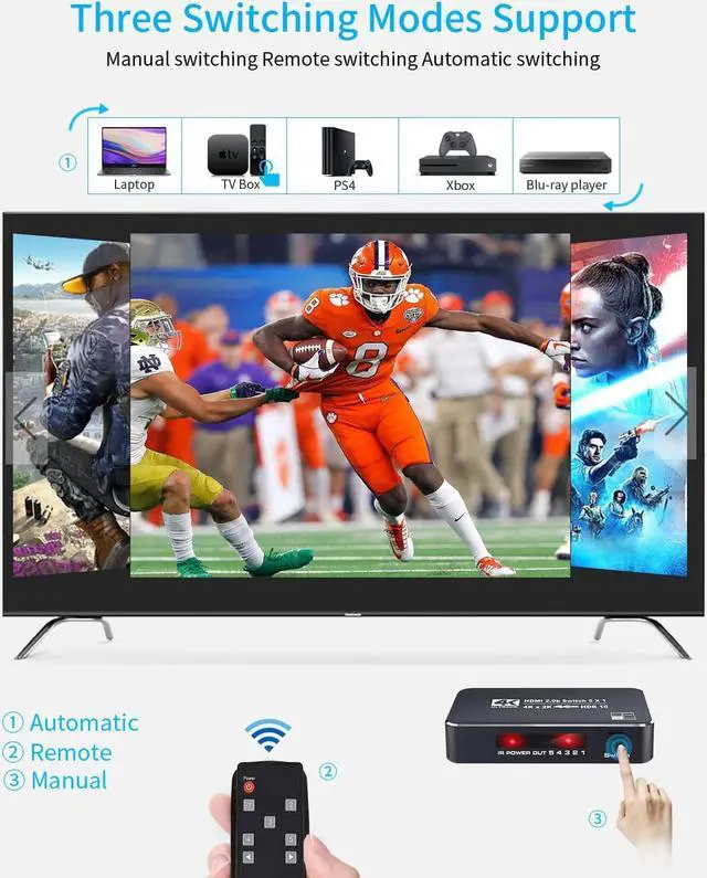 Alt view image 4 of 7 - 4K 2K 60Hz HDMI Switch 5x1 HD 4K HDMI Video Switcher Adapter 5 In 1 Out HDMI Splitter with Remote Control for DVD HDTV TV Box PS4 - OZQ3-3