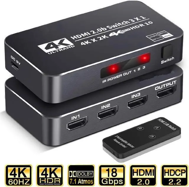 Main image of 4K@60Hz HDMI Switch 3 in 1 Out w/IR Remote Control, 3 Port Switcher Selector Box for Xbox Nintendo PS5 PS4 TV Fire Stick Roku Supports Ultra HD Dolby Vision, 18.5Gbps, HDR10, HDCP 2.2 & 3D, OZQ2-2