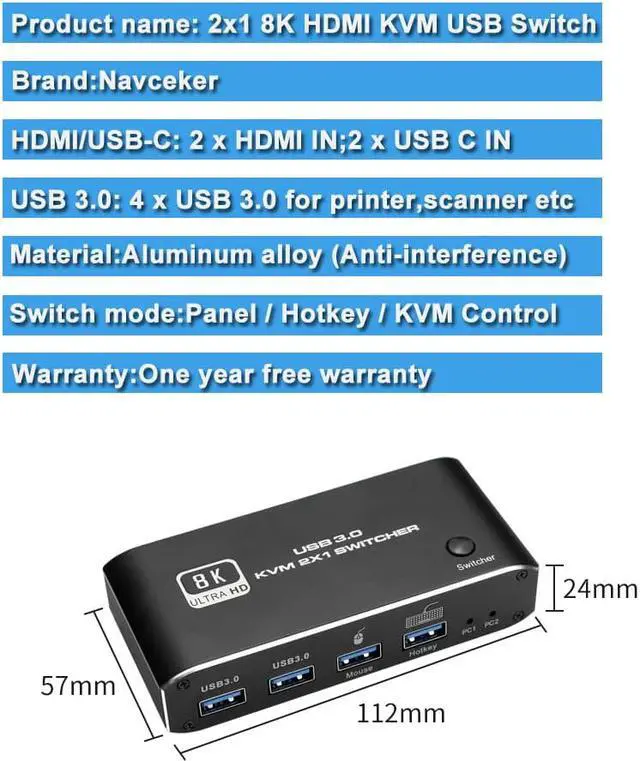 Alt view image 2 of 7 - LUOM 8K@60Hz HDMI KVM Switch 2 in 1 Out Box, Share 2 Computers to One Monitor USB KVM Switcher Adapter, Support Hotkey Switch, Support Wireless Keyboard and Mouse, USB Disk, Printer, USB Camera