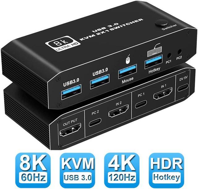 HDMI2.1 KVM Switch 2 in 1 Out 8K@60Hz HDMI USB-C KVM Switch with 2 PCs  Share 1 Set of Keyboard, Mouse, 2 USB3.0 Hubs Compatible with Windows and  Mac OS X 