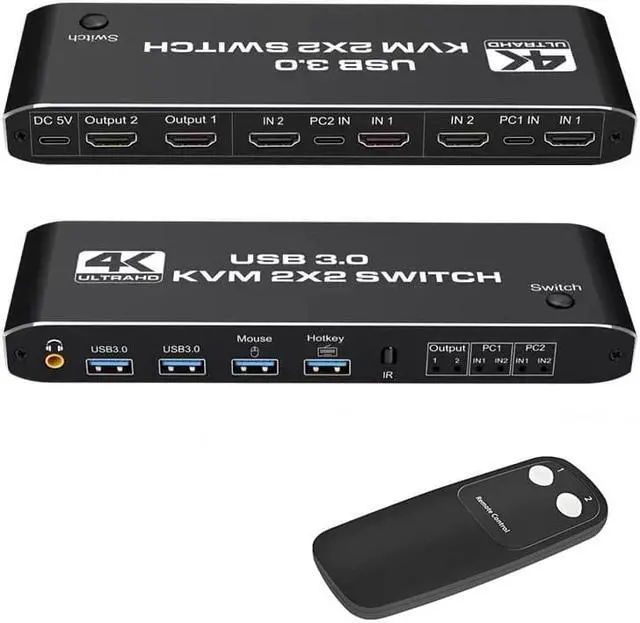 Main image of LUOM 4K@60Hz HDMI KVM Switch 2 in 2 Out Box, Share 2 Computers to Dual Monitor USB KVM Switcher Adapter, Support Hotkey Switch, Support Wireless Keyboard and Mouse, USB Disk, Printer, USB Camera