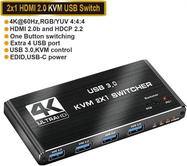 Main image of LUOM 4K@60Hz KVM Switch HDMI + USB 4K@60Hz 2 in 1 Out KVM Switch 1 Monitors 2 Computers,with 4 USB3.0 Ports Output, PC Monitor Keyboard Mouse Switcher