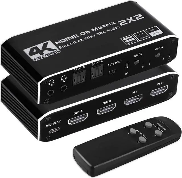 Main image of 2x2 HDMI Matrix, 4K@60Hz 2 in 2 Out HDMI Switch Splitter with IR Remote, HDMI Matrix Switch + 2xOptical + 2x3.5mm Audio Output, Support HDMI2.0, HDCP2.2, Auto Downscaler, 3D, Audio Extractor
