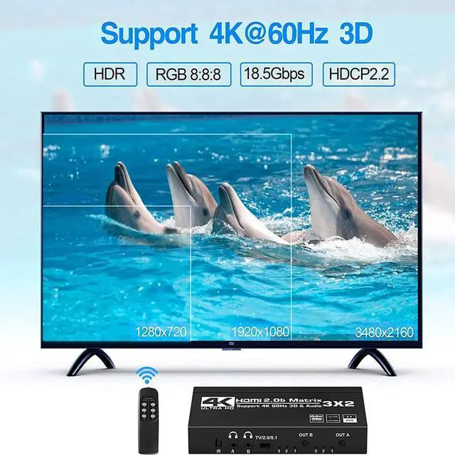 Alt view image 5 of 7 - 3x2 HDMI Matrix Switch 4K - 4K 60Hz RGB 4:4:4/8:8:8(Dolby ATMOS), 18Gbps, HDR10, Control via Remote, 2xSPDIF Audio, 2x3.5mm L/R Audio Audio Extractor, 3 in 2 Out Video Matrix Switch (OZJ5)