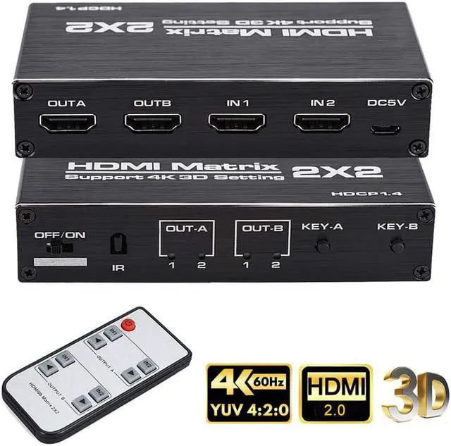 Main image of LUOM 2x2 HDMI Matrix Switch 4K - 4K 60Hz 18Gbps, 4K,3D, 1080p,HDCP1.4, HDR,YUV 4:2:0 Control via Remote, 2 in 2 Out Video Matrix Switch (OZJ3)