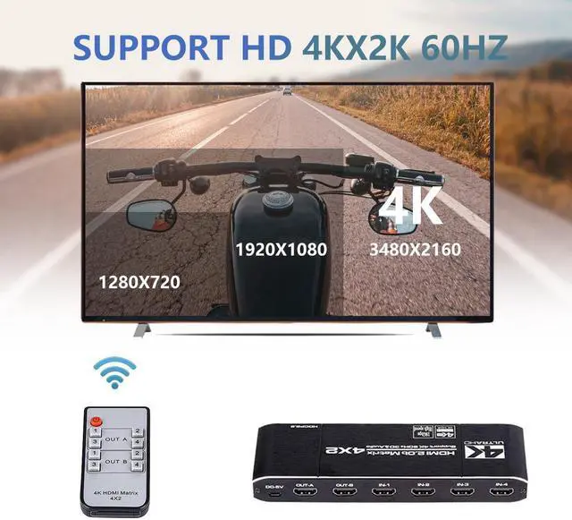Alt view image 6 of 7 - LUOM HDMI Matrix 4x2, 4K HDMI Matrix Switch, 1080P 3D, Dolby TrueHD, DTS-HD Master, PCM7.1, Coaxial, 3.5mm Stereo Audio, EDID, IR Remote
