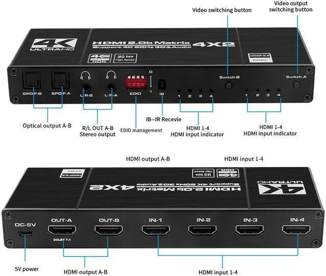 Alt view image 2 of 7 - LUOM 4K@60Hz HDMI Matrix Switch Splitter 4 in 2 Out with Remote, 4x2 HDMI Splitter Switcher 4K with 2xSPDIF & 2x3.5mm Audio, Support 4K,3D, 1080p,HDCP2.2, HDR 10 for PS4,Xbox,Fire Stick,etc