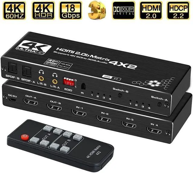 Main image of 4 in 2 Out HDMI Matrix,LUOM 4K@60Hz 4x2 HDMI Matrix Switch with IR Remote Control, Support EDID, HDMI 2.0b, HDCP2.2, HDR10, Ultra HD, 3D