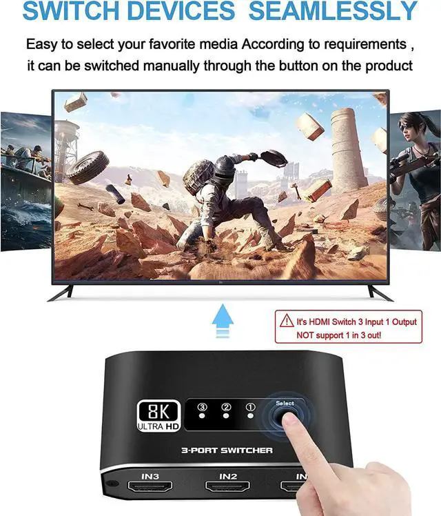 Alt view image 7 of 7 - HDMI Switch 3 in 1 Out 8K HDMI Switcher Splitter, 8K@60Hz 3 Port HDMI Switch with 3.9FT HDMI Cable HDCP2.3 3D Dolby , Compatible with PS5/PS4/Xbox/Nintendo Switch/Fire Stick/Roku TV PC and More
