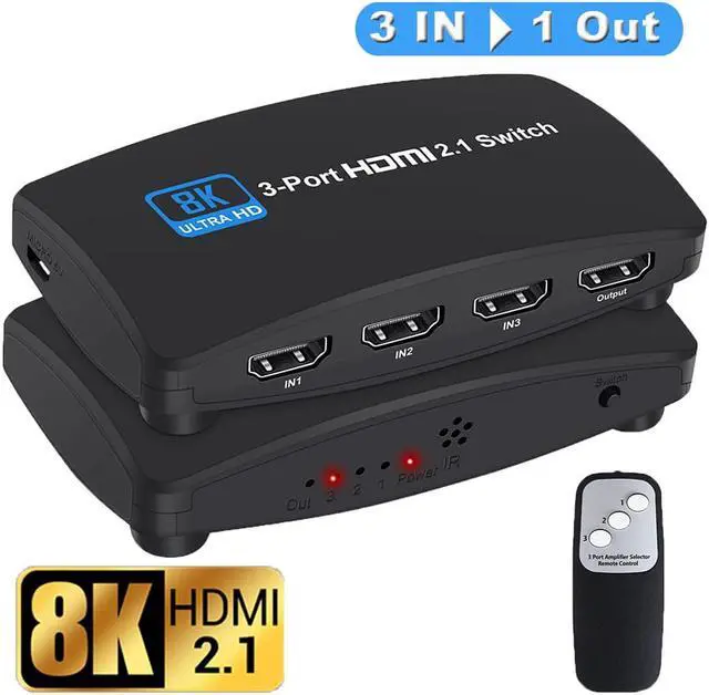 Main image of 3-Port 8K HDMI Switch, HDMI 2.1 Switcher 4K 120Hz HDR10, 8K 60Hz UHD, HDMI Switch 3 in 1 Out, Power Adapter and Remote Included (OZ8Q3)