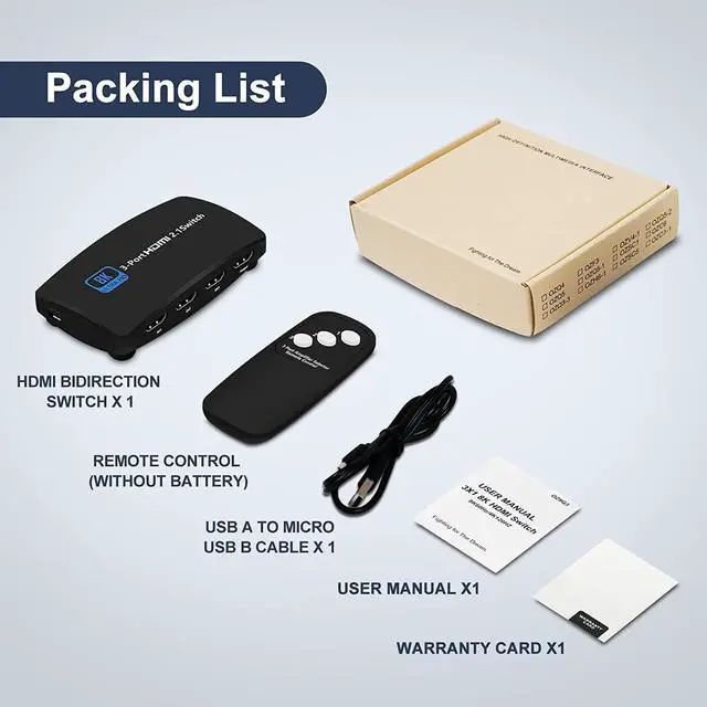 Alt view image 7 of 7 - 3-Port 8K HDMI Switch, HDMI 2.1 Switcher 4K 120Hz HDR10, 8K 60Hz UHD, HDMI Switch 3 in 1 Out, Power Adapter and Remote Included (OZ8Q3)