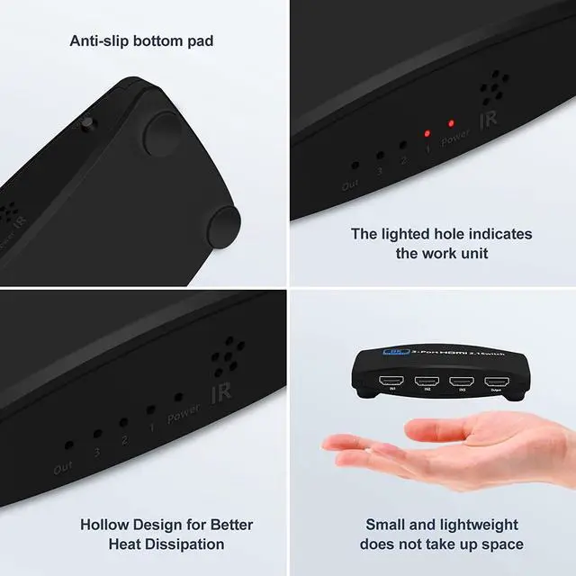 Alt view image 6 of 7 - HDMI 2.1 Switch 8K, HDMI Switcher 3 in 1 Out, 3 Port 4K 120Hz HDMI Selector Hub Support 8K@60Hz 48Gbps for Xbox Series X PS4 Pro PS5 Roku UHD TV Monitor Projector