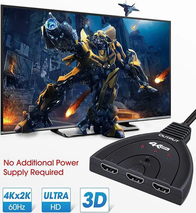 Alt view image 4 of 7 - 4K@60Hz HDMI Switch 3 Port,4K HDMI Switcher Splitter Box 3 in 1 Out, 3x1 HDM Switch Selector with Pigtail Cable, Support 3D, HDCP 2.2, HDR 10, Monitor Switch for PS4/5 Roku Xbox TV Monitor Projector