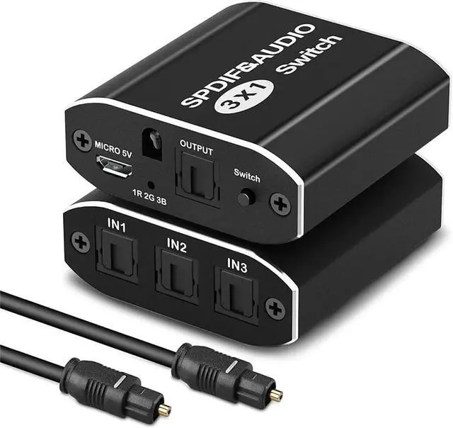 Main image of Optical Audio Switcher 3x1, Digital Optical Switch 3 in 1 Out, Toslink Optical Cable Splitter 3 Input 1 Outport, Support LPCM2.0 / DTS / Dolby Digital for PS3 Blue-Ray DVD HDTV