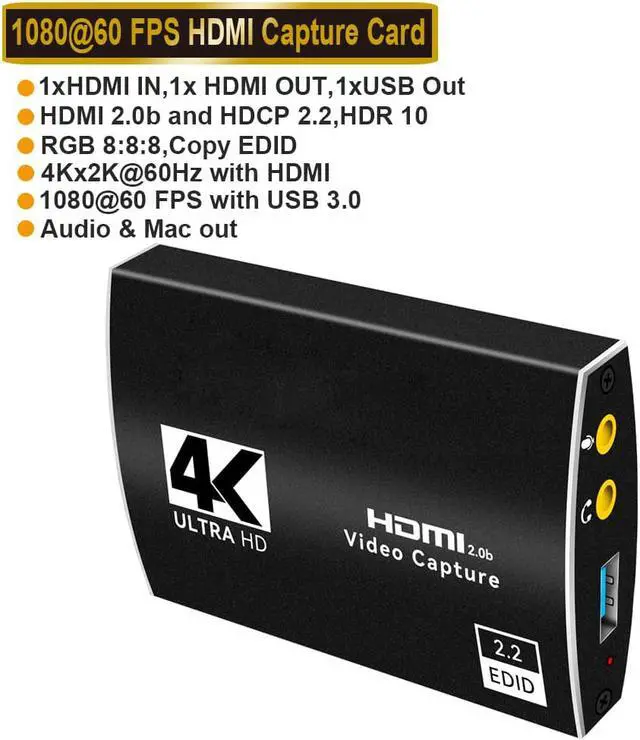 Main image of 1080P 60fps 4K@60Hz Video Capture Device Video Capture Card Dongle HDMI-compatible to USB3.0/Type-C with Mic & 3.5mm Audio for Game Record Live Streaming Broadcast