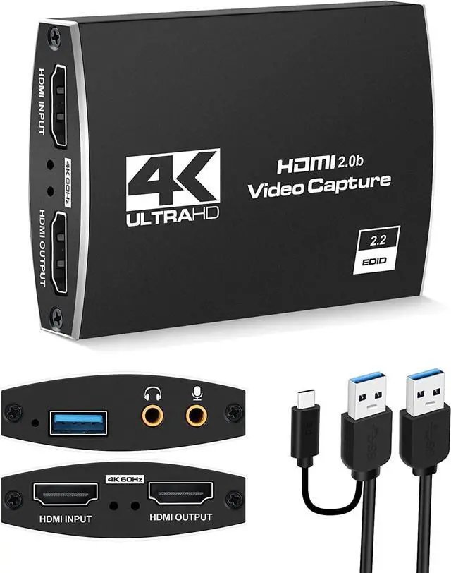 Main image of 4K@60Hz HDMI-Compatible Video Capture Card Live Recording Box 4K HDMI to USB3.0/Type-C Video Card with Mic & 3.5mm Audio for Game Live Streaming for PS4 Computer Phones