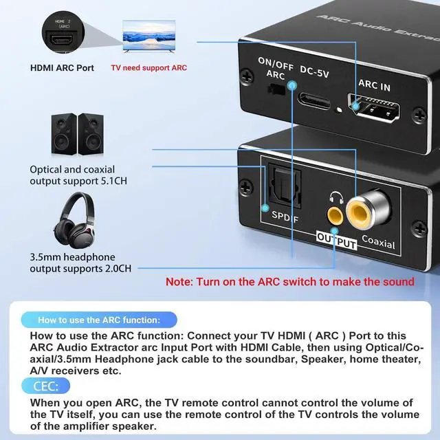Alt view image 5 of 7 - HDMI ARC Audio Extractor, 192KHz HDMI to Optical 3.5mm Audio Adapter Splitter Converter 3.5mm Stereo and Coaxial Output Support Dolby@5.1, DTS@5.1, Dolby AC3,DSD,PCM,LPCM