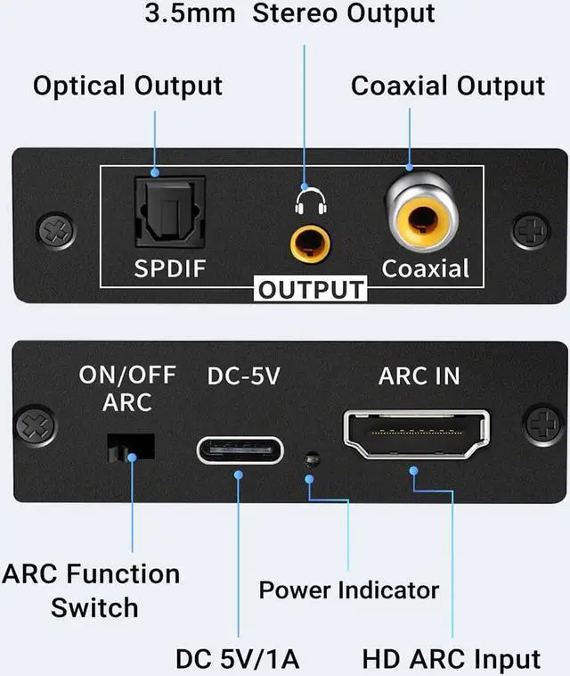 Alt view image 2 of 7 - HDMI ARC Audio Extractor, 192KHz HDMI to Optical 3.5mm Audio Adapter Splitter Converter 3.5mm Stereo and Coaxial Output Support Dolby@5.1, DTS@5.1, Dolby AC3,DSD,PCM,LPCM