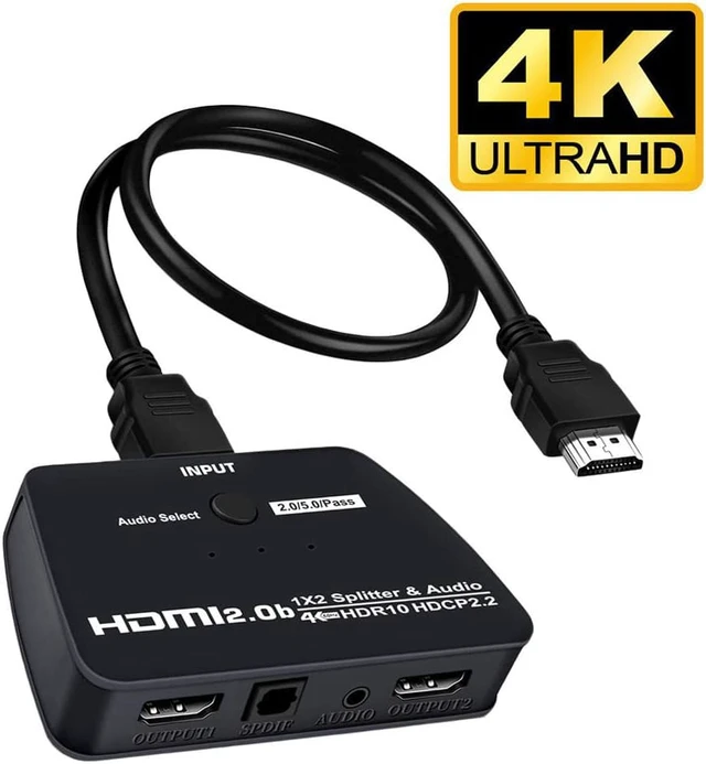 Main image of 4K@60Hz HDMI Splitter 1x2 8:8:8,18 Gbps,Supports HDMI2.0b,HDCP 2.2,Duplicate/Mirror/Copy,Downscale, HDR,Dolby Vision Atmos,4K HDMI Splitter 1 in 2 Out for HDTV, Xbox, PS5/4/3, Blu-Ray Player, DVD, DVR