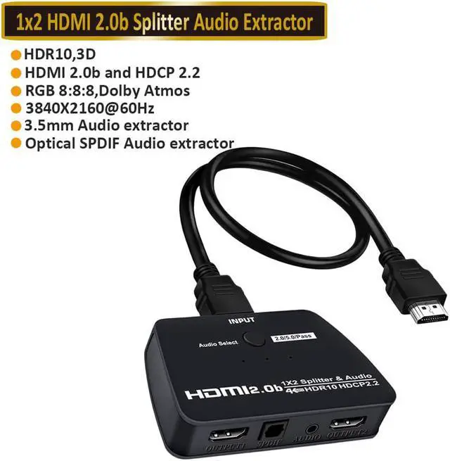Main image of 4K HDMI Splitter 1 in 2 Out, HDMI Splitter Duplicate/ Mirror Screen, HDMI Splitter Support 4K@60Hz 3D for PS5, Roku, TV Box - 1 Source to 2 Displays, with Audio Extractor(3.5mm & SPDIF audio out)