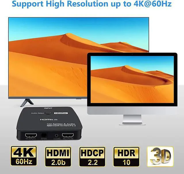 Alt view image 5 of 7 - 4K HDMI Splitter 1 in 2 Out, HDMI Splitter Duplicate/ Mirror Screen, HDMI Splitter Support 4K@60Hz 3D for PS5, Roku, TV Box - 1 Source to 2 Displays, with Audio Extractor(3.5mm & SPDIF audio out)