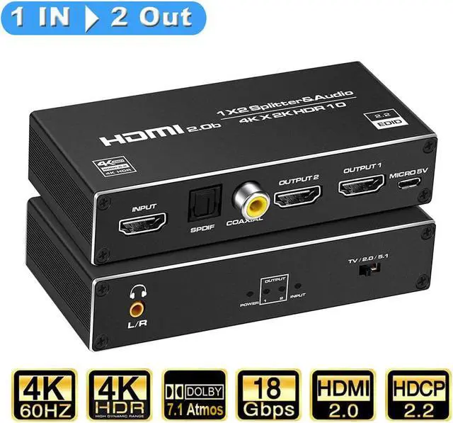 Main image of 4K@60Hz HDMI Splitter with Audio Extractor 1x2 8:8:8,18 Gbps,Supports HDMI2.0b,HDCP 2.2,Duplicate/Mirror/Copy,HDR,Dolby Vision Atmos,4K HDMI Splitter 1 in 2 Out for HDTV, Xbox, PS5/4/3