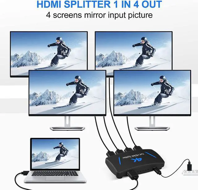 Alt view image 3 of 7 - 4K 30Hz HDMI Splitter 1 in 4 Out HDMI1.4 4 Port Splitter with US Adapter for Computer MacBook Xbox 330 Xbox One PS5/4 Blu-Ray DVD (1in 4out)