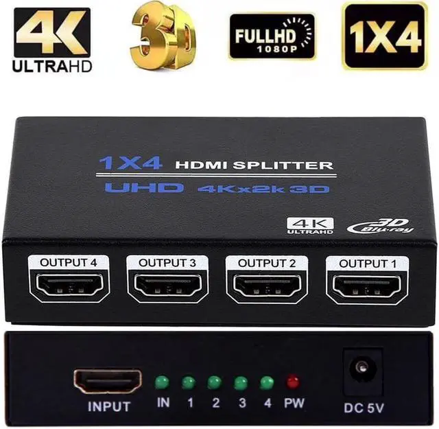 Main image of HDMI Splitter 1 in 4 Out 4K,LUOM 4 Port HDMI Splitter Powered Video Splitter 4 Outputs w/ AC Adapter, Duplicate/Mirror Screens for Fire Stick/Roku/DirecTV/Cable Box/Security Cameras