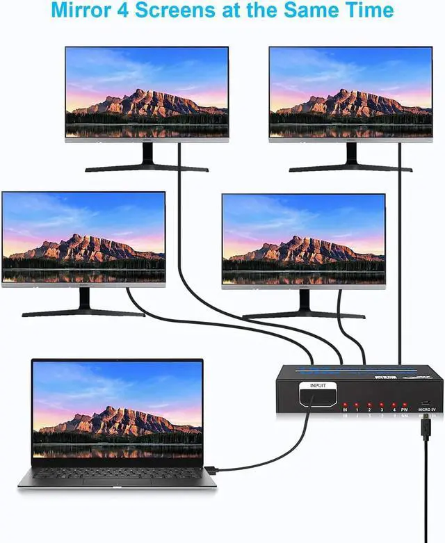 Alt view image 4 of 7 - HDMI Splitter 1 in 4 Out 4K @ 30Hz 1x4 Powered HDMI Splitter Duplicate Mirror Supports 4K 3D Full HD 1080P for Xbox, PS4 PS3 Fire Stick Blu Ray Apple TV HDTV  (1 Source to 4 Displays)