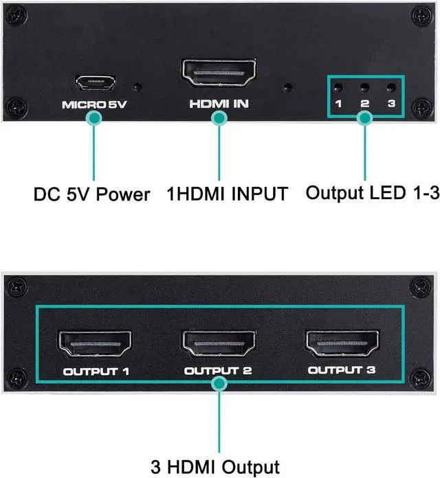 Alt view image 5 of 7 - HDMI Splitter 1 in 3 Out 4K @ 30Hz 1x3 Powered HDMI Splitter Duplicate Mirror Supports 4K 3D Full HD 1080P for Xbox, PS3 PS3 Fire Stick Blu Ray Apple TV HDTV  (1 Source to 3 Displays)