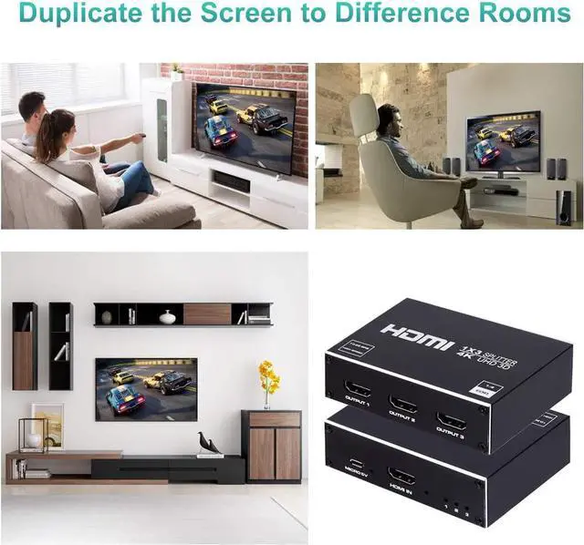 Alt view image 7 of 7 - HDMI Splitter 1 in 3 Out 4K @ 30Hz 1x3 Powered HDMI Splitter Duplicate Mirror Supports 4K 3D Full HD 1080P for Xbox, PS3 PS3 Fire Stick Blu Ray Apple TV HDTV  (1 Source to 3 Displays)