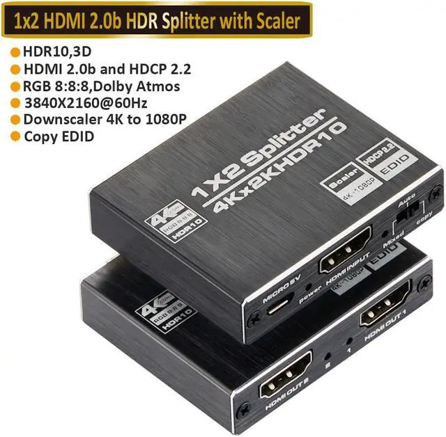 Main image of 4K x 2K@60Hz HDMI Splitter 1 in 2 Out 4K @ 60Hz 1x2 Powered HDMI Splitter Duplicate Mirror with EDID  Support HDCP 2.2 HDR (1 Source to 2 Displays)