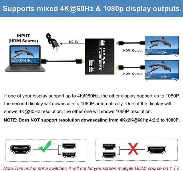 Alt view image 3 of 7 - 4K@60Hz HDMI Splitter 1 in 2 Out, HDMI Splitter 1 to 2 Amplifier for Full HD HDMI 2.0 1080P/ 3D/ 4K for Xbox PS4 PS3 Fire Stick Roku Blu-Ray Player Apple TV HDTV