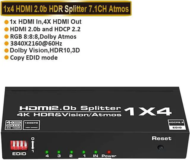 Main image of LUOM 4K@60Hz HDMI Splitter EDID, Duplicate/Mirror, 4K HDMI Splitter 1 in 4 Out, Powered Splitter, 1 Source to 4 Identical Displays for TV, Projector,Xbox PS5/4/3 Blu-Ray Player Fire Stick Roku