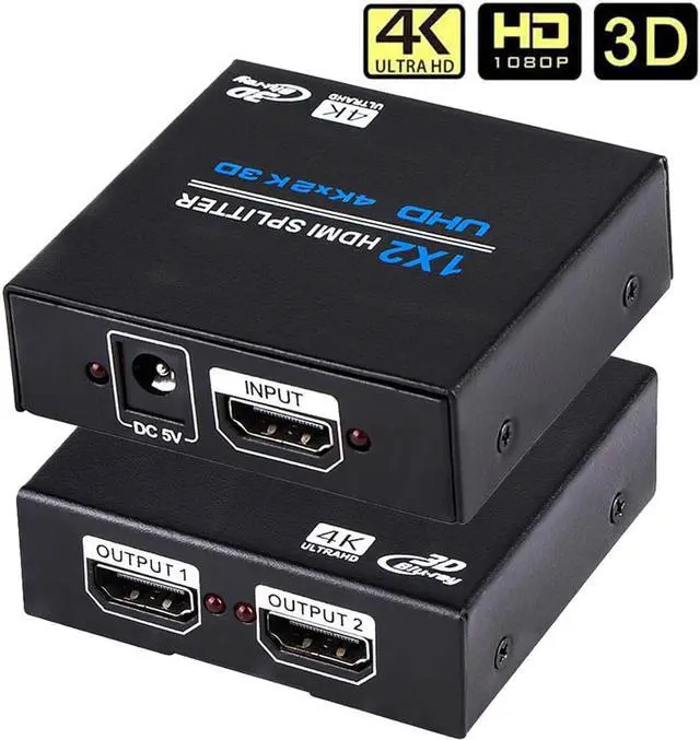 Main image of LUOM HDMI Splitter 1 in 2 Out 4K, 2 Port HDMI Splitter Powered Video Splitter 4 Outputs w/ AC Adapter, Duplicate/Mirror Screens for Fire Stick/Roku/DirecTV/Cable Box/Security Cameras