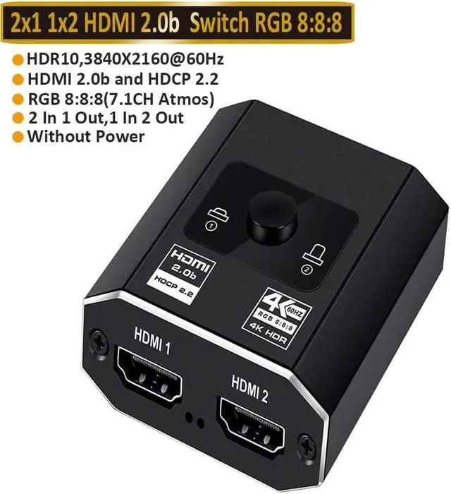 Main image of New 4K Switcher 18Gbps HDMI 2.0b Switch Splitter Bi-Directional 2 in1 Out/1in 2out Ultra HD 4K@60Hz 1080p@120Hz High Speed 18Gbps Switch Adapter with Switch Button with HDMI Cable for Computer Laptop