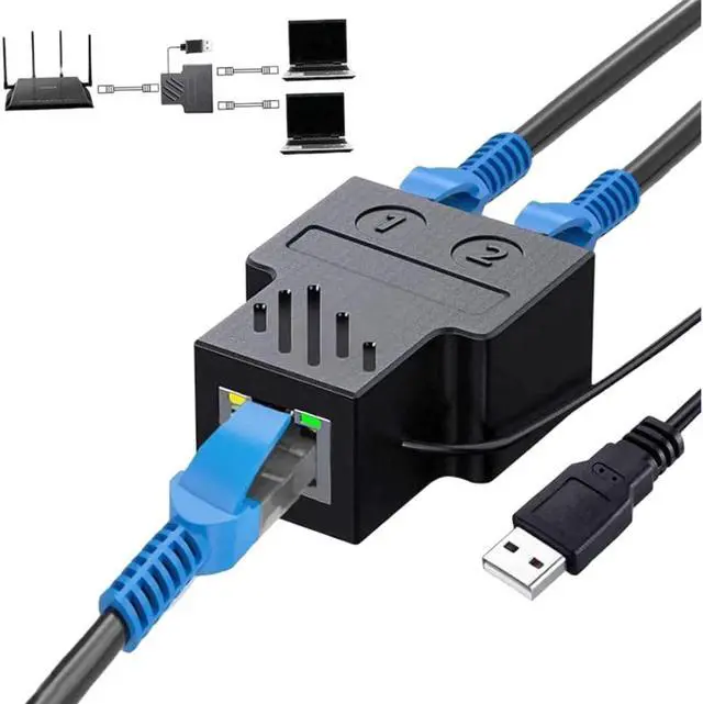 Main image of Ethernet Splitter 1 to 2 RJ45 Network Female to Female Adapter with USB Power Cable, Suitable Cat5, Cat5e, Cat6, Cat7 , Cmpatible with ADSL/Hubs/TVs/Set-top Boxes/Routers/Wireless Devices/Computers