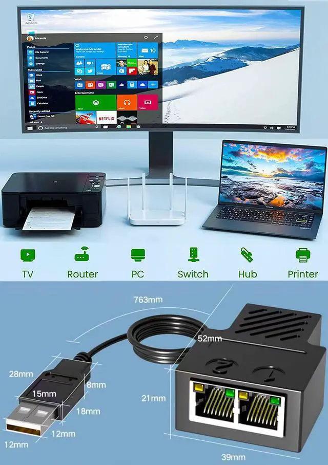 Alt view image 6 of 7 - RJ45 Ethernet 1 to 2 Splitter Connectors Splitter Adapter with USB Power Cable LAN Ethernet  Connector Compatible with Cat5, Cat5e, Cat6, Cat7 , Two Computer Can Share The Internet at The Same Time