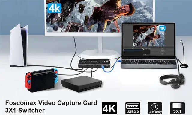 Alt view image 4 of 7 - Portable 4K@60Hz 3X1 HDMI-compatible to HDMI & USB3.0/Type-C 4K 60fps HD Video Capture Card with Mic & 3.5mm Audio Durable Audio Converter Live Recording Box