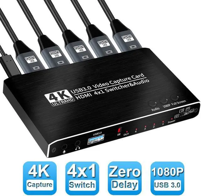 Main image of 4K@30Hz Capture Card Seamless Switch, 4x1 HDMI Video Capture Card to HDMI USB3.0 with with Mic&Audio & HDMI Loop-Out, Capture Card 4K 30fps for Nintendo Switch/Game Console/Phone