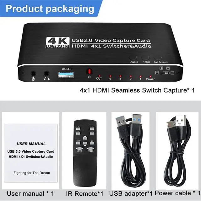 Alt view image 7 of 7 - 4x1 4K@30Hz USB3.0 HDMI Video Capture Card Seamless Switch, 4K 30FPS HD Game Capture Device Cam Link with Mic&Audio Work with Xbox PS5 PS4 Switch DSLR for OBS Twitch Live Streaming and Recording