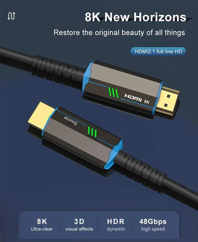Alt view image 2 of 7 - 8K HDMI Fiber Optic Cable 33FT, 48Gbps High Speed In Wall CL3 Rated HDMI 2.1 Cable, Support 8K@60Hz 4K@120Hz/144Hz HDR10 eARC Dolby HDCP 2.2&2.3 RTX 3080 Compatible with PS5/TV/Xbox Series X