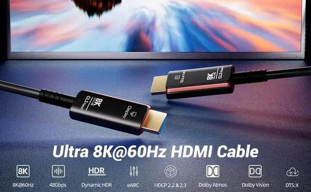 Alt view image 2 of 7 - 100FT Fiber Optic HDMI Cable, 8K HDMI 2.1 High Speed 48Gbps 8K@60Hz 4K@120Hz Dynamic HDR 10+, eARC, HDCP2.3, 4:4:4 Audio Cable for in-Wall Installation- (Black+Red)