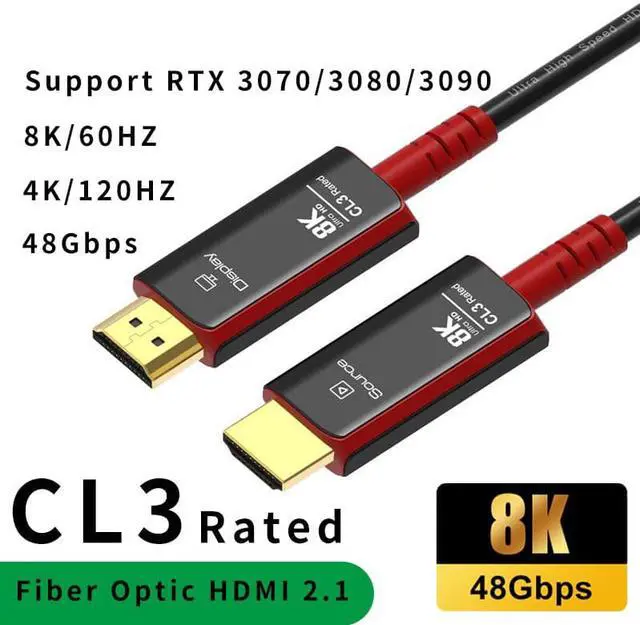 Main image of 8K HDMI 2.1 Fiber Optic Cable Ultra high Speed 48gbps 4K 120Hz 8K 60Hz Thin Slim Flexible - 100FT (Black+Red)