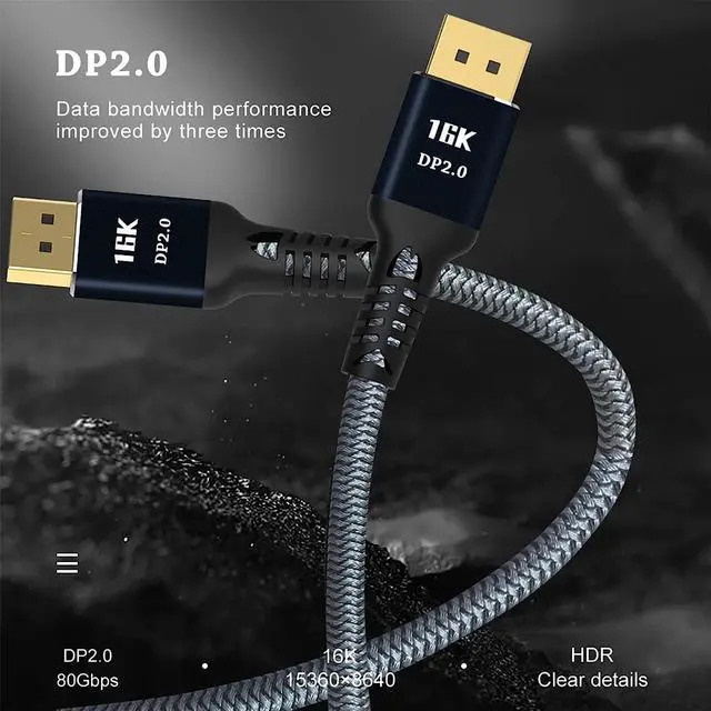 Alt view image 2 of 7 - LUOM 16K DisplayPort 2.0 Cable - 6.6Feet | 80Gbps, 16K Resolution, Support 80Gbps, HDR, HDCP 2.2, FreeSync G-Sync, Braided Display Port for Gaming Monitor, Graphics, PC, and more