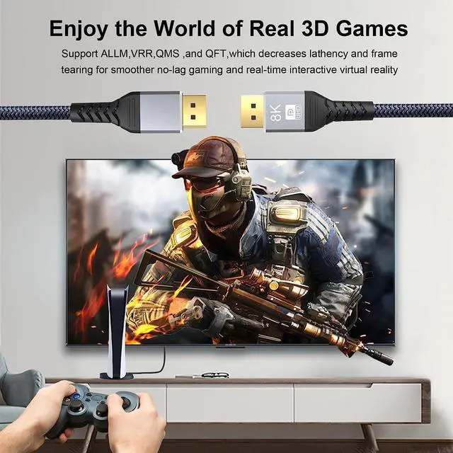 Alt view image 4 of 7 - 8K DisplayPort to DisplayPort Cable, 16.4 Feet, Gold-Plated Display Port 1.4 Cable (8K@60Hz 4K@120Hz 165Hz 144Hz) DP Cable Compatible with Dell, Monitor, Projector, Desktop, AMD, NVIDIA, Lenovo, HP