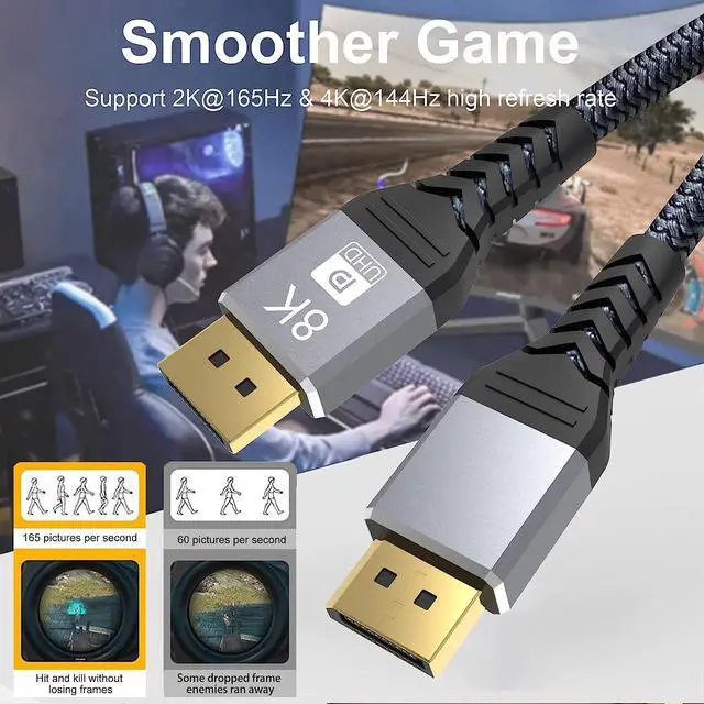 Alt view image 5 of 7 - 8K DisplayPort to DisplayPort Cable, 16.4 Feet, Gold-Plated Display Port 1.4 Cable (8K@60Hz 4K@120Hz 165Hz 144Hz) DP Cable Compatible with Dell, Monitor, Projector, Desktop, AMD, NVIDIA, Lenovo, HP